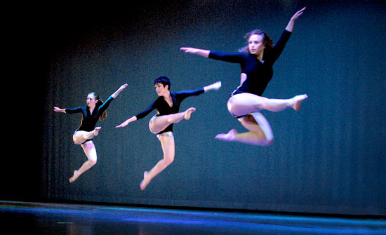 Katie Brennan, Stephanie Whittler, Joanna K. Des Marteau - jetés (Amanda January at back) in Rush by Dale Fellin at City in Motion 25th Anniversary Concert at The GEM - Photo Mike Strong