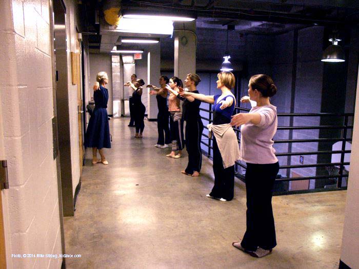 Miss Shirley Weaver teaching class backstage at JCCC for Dancing Across the Line.