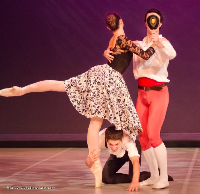 Taylor Arel (left), Alex Kingma (below), and Austin Finley with mirror in comic ballet La Ventana