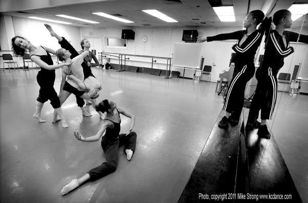 Rehearsal for Bittersuite in jazz studio (PAC 108) to Ne Me Quitte Pas by Jacques Brel - sung by Nina Simone - Sabrina Madison-Cannon directing (right). Dancers, L-R: Hannah Benditt, Linley Shaeffer, Brittany Murphy, Megan Squires (in pench�e, head down toward the left), Miyesha McGriff. 