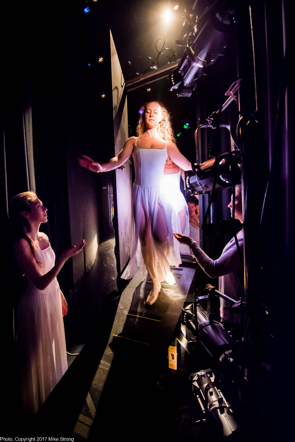 Photo by Mike Strong (KCDance.com) - Backstage view, end of the piece, exiting stage via door over stairway - GHOST us by Ronn Tice