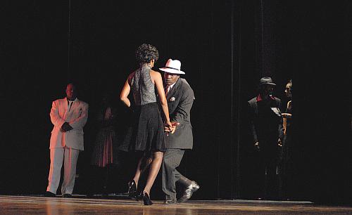 Bobbie Tuggle and James Cole - in the background (stage right wings) from left: Curtis Parker, Mark Mitchell and Nia Jones on stage at the GEM in KC 2-Step competition 9 August 2008