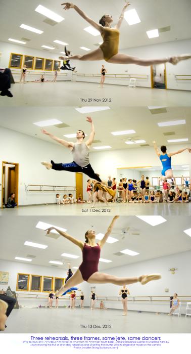 Study in catching the same action by going to rehearsals, learning the choreography and listening to the music. This is the same part in the choreography for dancers Erik Sobbe and Emily Tatham on three separate dates during studio rehearsals where they perform grand jetes at the same time in opposite directions and from opposite sides of the stage.