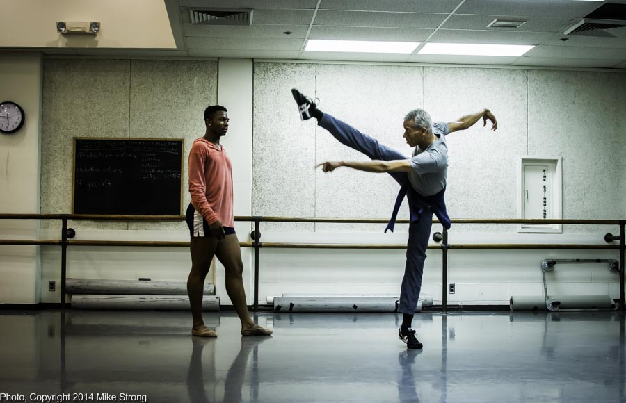 New Dance Partners 2015 at JCCC (Sept) - Wylliams-Henry and Twisted Metal - Studio rehearsal - Choreographer Gregory Dawson (right) demonstrates for John Swapshire (left)