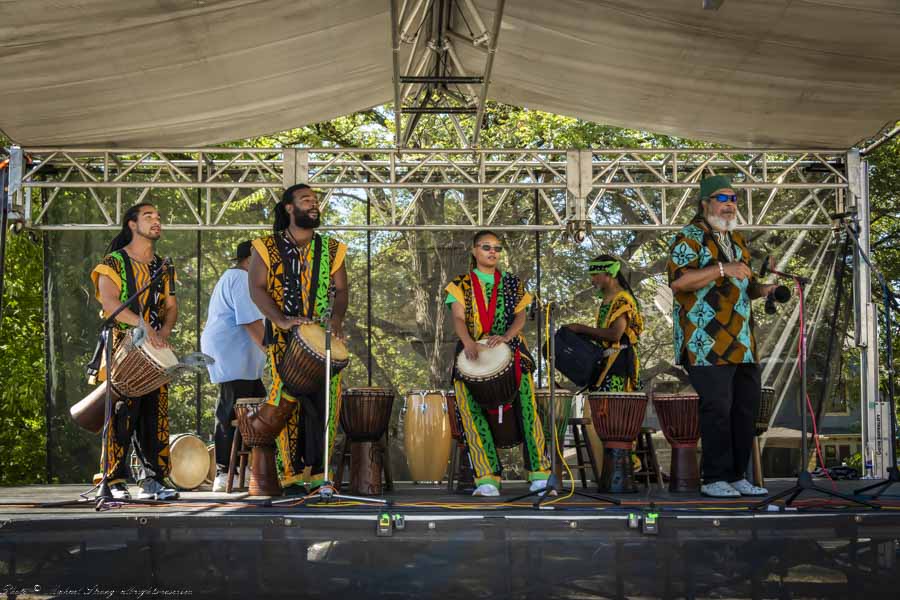 Soundz of Africa Ensemble: (L-R) Xavier Fleming, DJ Malabre, Victoria Lloyd, Bird Fleming (background), Falahi Igbo - photo, copyright Mike Strong