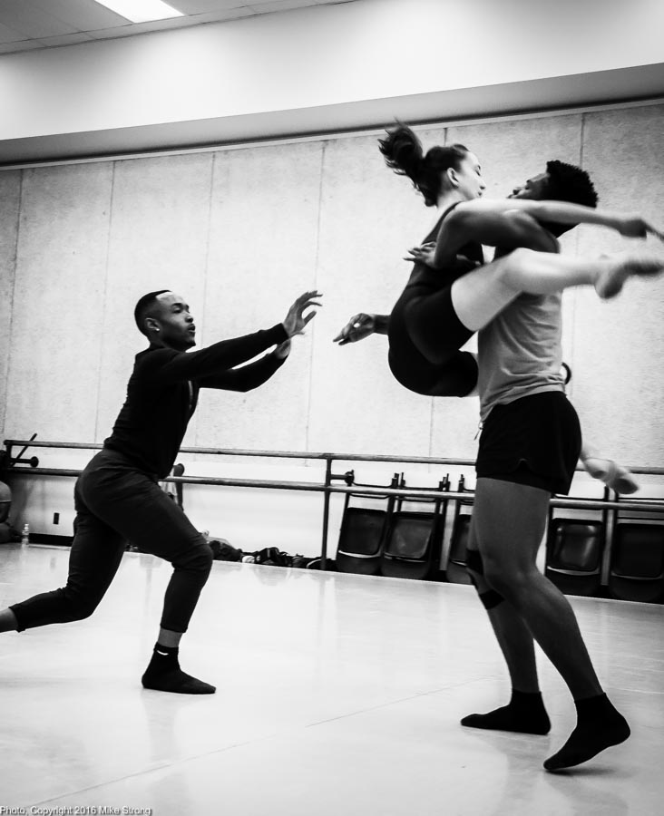 Studio rehearsal for Ensuing by DeeAnna Hiett. William Roberson throws Hannah Wagner to John Swapshire