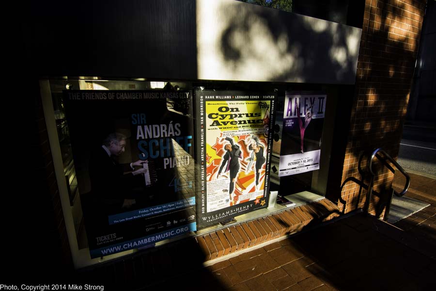Outside the west window of the Folly's lobby, next to the ticket booth with the show's poster in a beam of sunlight between pianist Sir Andras Schiff (Oct 16) and Ailey II (Oct 7-10th)