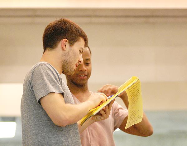 21-year old choreographer Josh Beamish (left) and veteran dancer Christopher Barksdale, during notes Sunday - rehearsal and run through of Trap Door Party - short version - photo Mike Strong kcdance.com